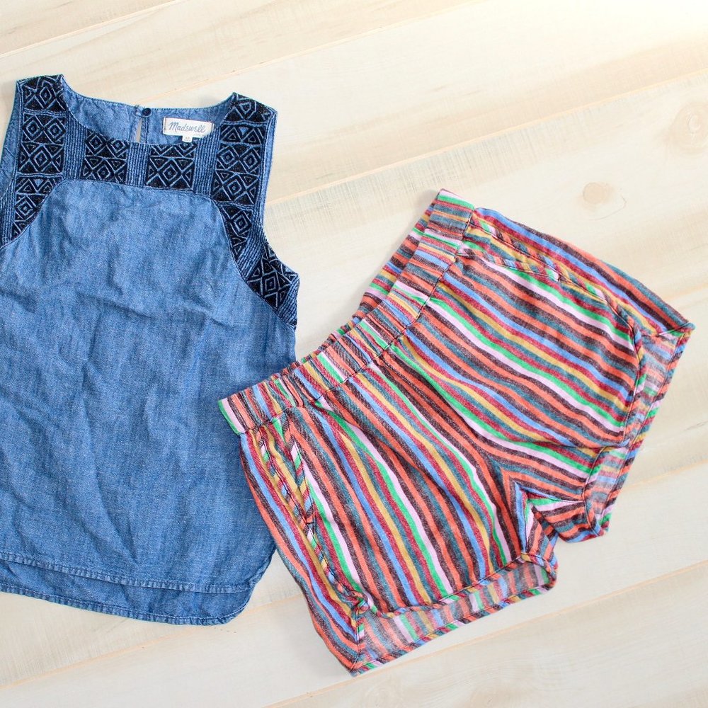 Madewell Rainbow Striped Pull On Linen Shorts Bundle Lot Embroidered Denim Top S